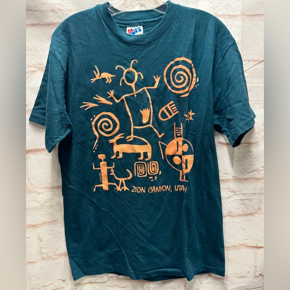 Hanes Vtg. 1987 TEWA Native American‎ Art Tribes Aztec T’shirt Zion Canyon,M